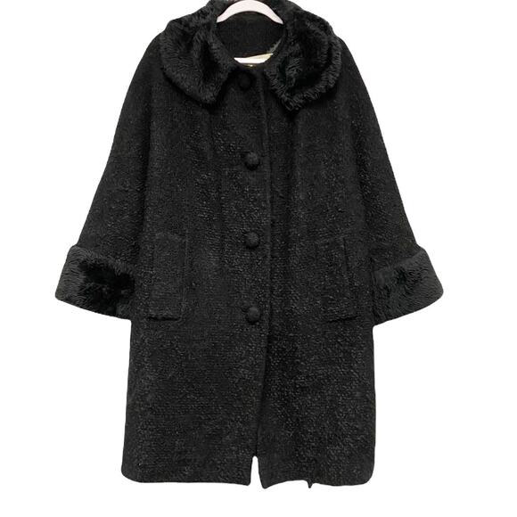 Vintage Bullocks Pasadena Womens Black 50s 60s Fur Trim Coat